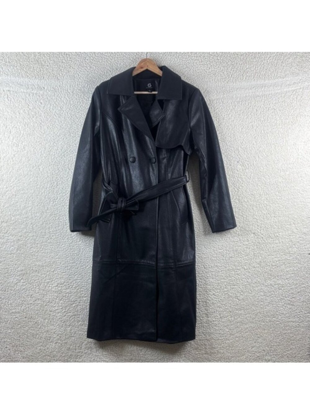 G by Giuliana Womens Black Faux Leather Double-Breasted Trench Coat S SMALL